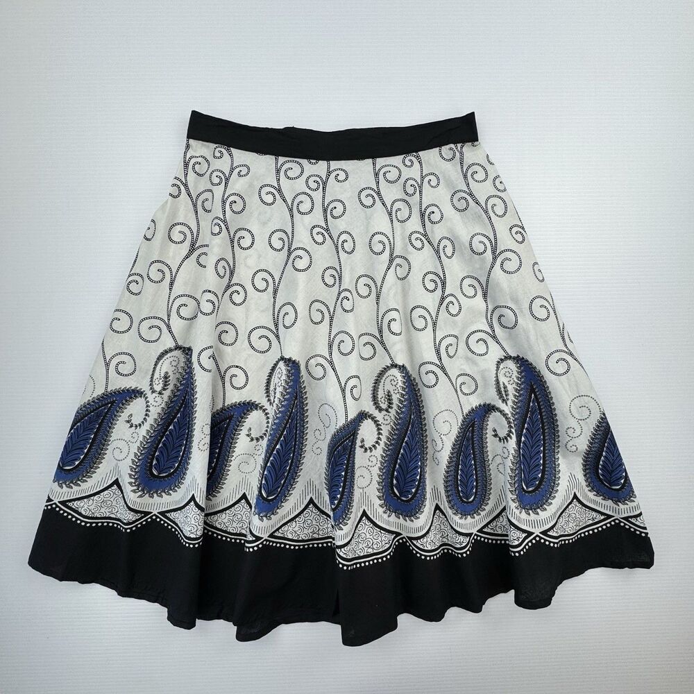 Studio West Paisley A-Line Skirt Blue Black White Cotton Midi Flared Size L - Picture 2 of 6